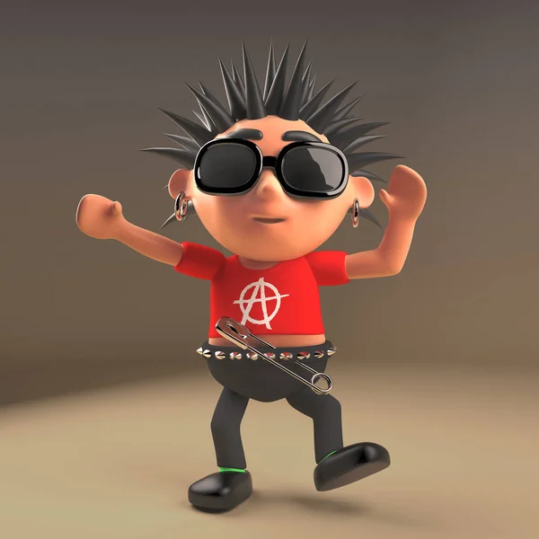 Dancing 3d cartoon punk rocker character with spiky hair, 3d illustration — Stock Photo, Image