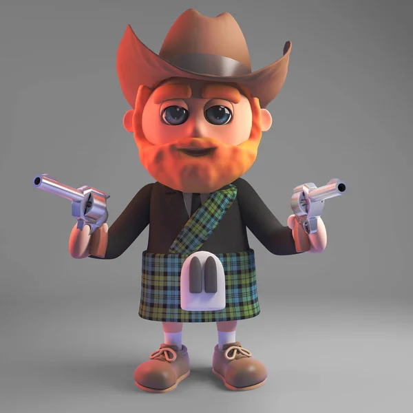 3d desenho animado escocês homem em kilt vestindo um chapéu de cowboy e apontando duas pistolas, ilustração 3d — Fotografia de Stock