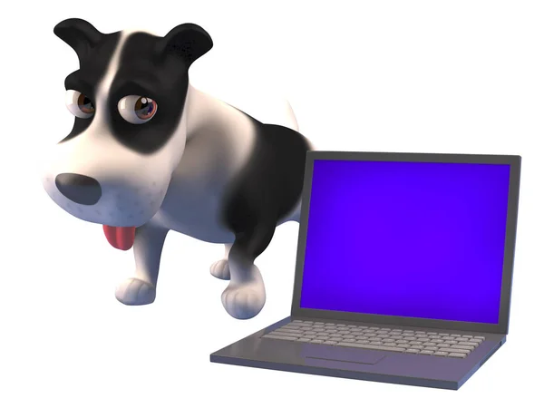 3d desenho animado cachorro personagem cão de pé ao lado de um dispositivo de computador portátil, ilustração 3d — Fotografia de Stock