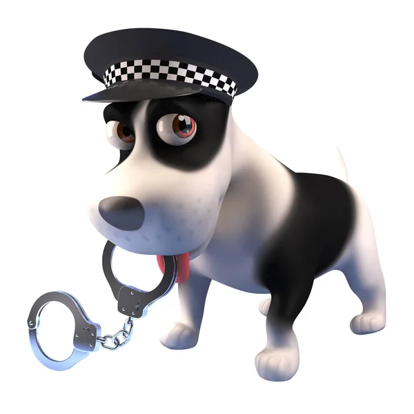 3d karikatür köpek ağzına kelepçe bir çift tutan bir polis köpeği gibi giyinmiş, 3d illüstrasyon