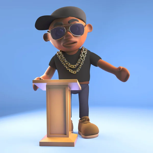 Cartoon 3D zwarte hiphop rapper Emcee spreekt op de lessenaar, 3D-illustratie — Stockfoto