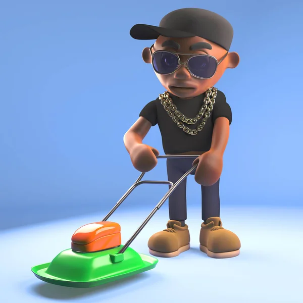 3D Cartoon Black hiphop rapper Emcee maaien het gazon met een grasmaaier, 3D-illustratie — Stockfoto