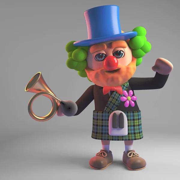 Śmieszne kreskówki 3D szkocki człowiek w kilt ubrany w czerwony nos clown i trzymając stary róg samochodu, ilustracja 3D — Zdjęcie stockowe