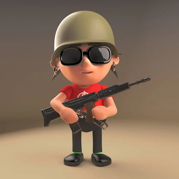 Dibujos animados 3d puntiagudo punk rock adolescente con un casco de soldados y la celebración de un rifle automático, 3d ilustración —  Fotos de Stock