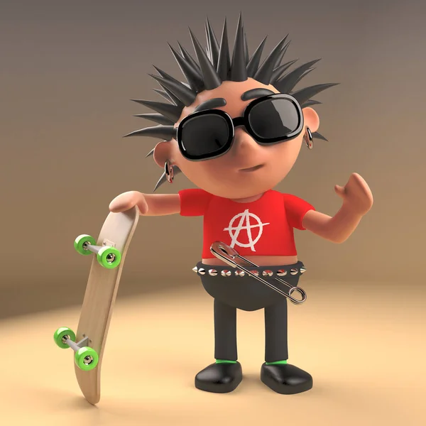 Spiky haired cartoon 3d punk rock teenager holding a skateboard, 3d illustration — Stock Photo, Image