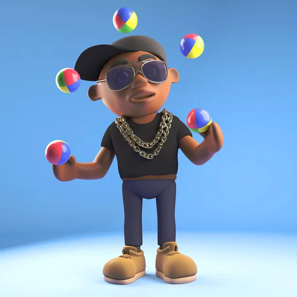 3D Cartoon czarny hiphop raper emcee charakter żonglerka z kulki żonglerka, ilustracja 3D — Zdjęcie stockowe