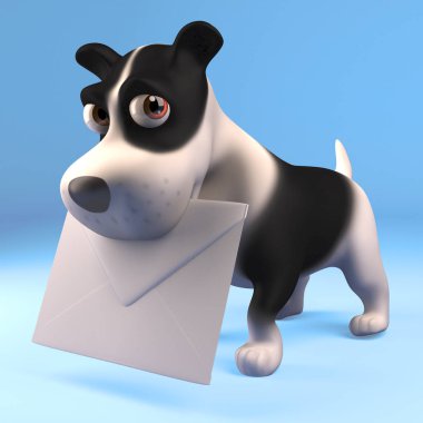 Komik karikatür 3D köpek yavrusu ağzında bir zarf postasıyla üç boyutlu bir resim tutuyor.