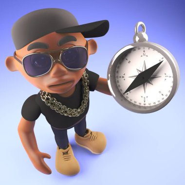 Beyzbol şapkalı siyah hiphop rapçisi. Manyetik pusula, 3 boyutlu illüstrasyon.