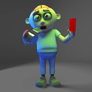 Stupid undead zombie monster gives you a red card, 3d illustration