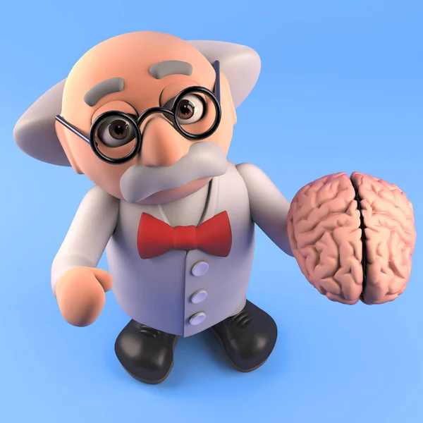 Neuropsycholoog gekke wetenschapper met een menselijk brein, 3d render — Stockfoto