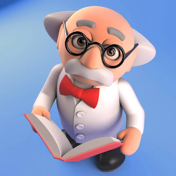 Bookworm mad scientist peruses another hefty tome, 3d render — ストック写真