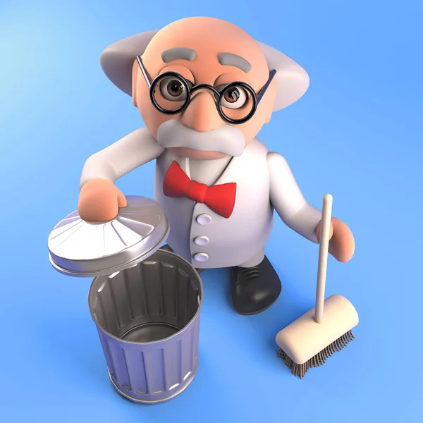 Tidy mad scientist professor cleans up with his broom, 3d render — ストック写真