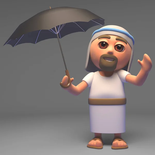 Está lloviendo por lo que el hijo de Dios, Jesucristo utiliza su paraguas, ilustración 3d — Foto de Stock