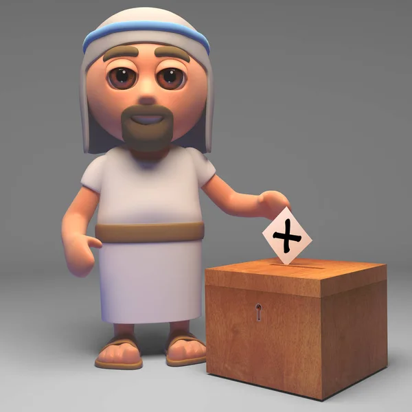 Dibujos animados Jesucristo hijo de Dios emite su voto en la elección, ilustración 3d — Foto de Stock