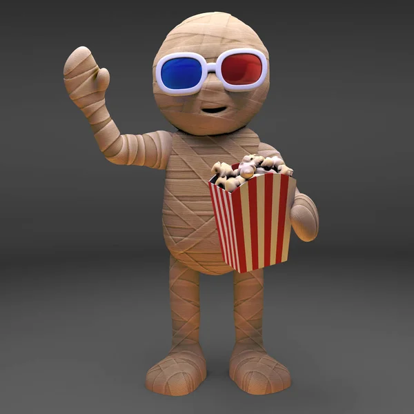 Niemartwa egipska mumia jedząca popcorn i nosząca okulary 3D w kinie, ilustracja 3D — Zdjęcie stockowe