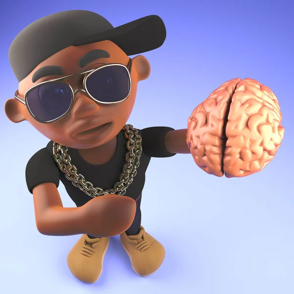 Cool artista rap hip hop nero in possesso di un cervello umano, illustrazione 3d — Foto Stock