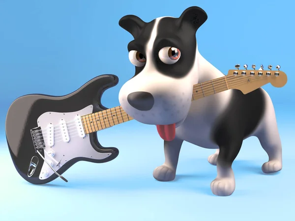 Симпатичний персонаж собаки 3d цуценя тримає електричну гітару в роті, 3d ілюстрація — стокове фото