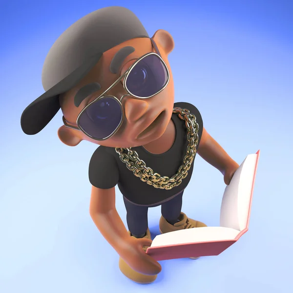 Chytrý černý hiphop rapper čtení knihy ke studiu, 3D ilustrace — Stock fotografie