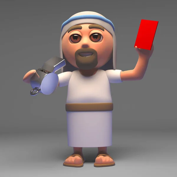 Cartoon Jesus Christ the Messiah hands out a red card penalty, 3d illustration