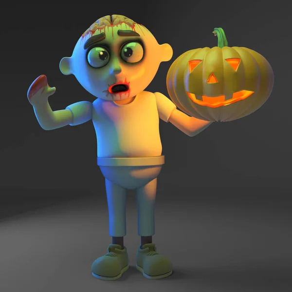 Spooky undead zombie monster has carved a Halloween pumpkin, 3d illustration — ストック写真