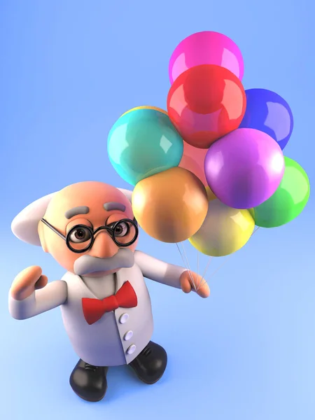 Professor cientista louco está em clima de festa com seus balões, ilustração 3d — Fotografia de Stock