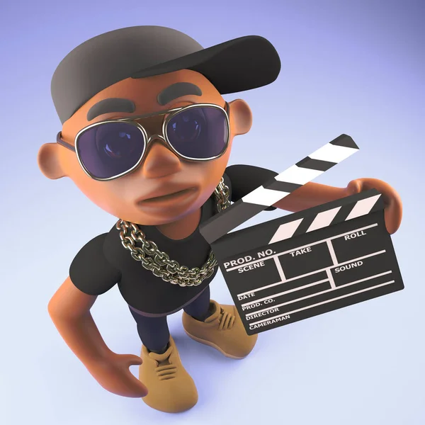 Artista de rap hiphop preto em boné de beisebol segurando uma ardósia filme, ilustração 3d — Fotografia de Stock