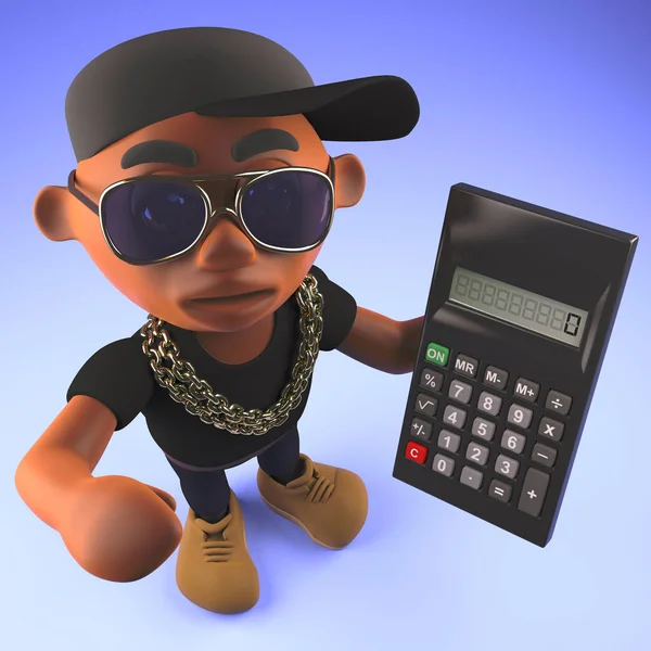 Czarny raper hiphop używając kalkulatora cyfrowego, ilustracja 3D — Zdjęcie stockowe