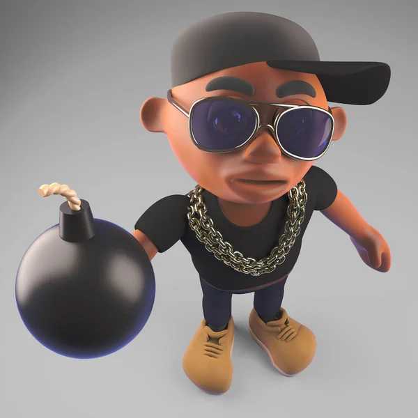 Cool artiste hiphop rap noir en casquette de baseball tenant une bombe, illustration 3D — Photo