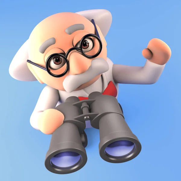 Mad scientist professor using his new binoculars, 3d render — ストック写真