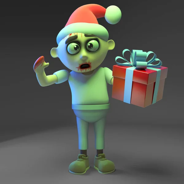 Seizoensgebonden zombie monster viert Kerstmis met Santa hoed en cadeau, 3D illustratie — Stockfoto