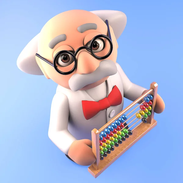 Clever mad scientist professor holding an abacus, 3d illustration — Φωτογραφία Αρχείου