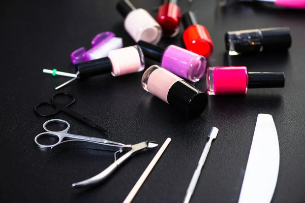 Materials Care Nails Varnishes Devices Black Table — Stock Photo, Image