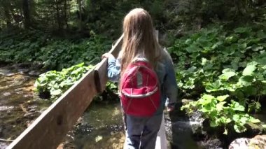 4 k turizm çocuk Geçiş Köprüsü Dağları'nda, ormanda yürüyüş üzerinde kız görünümü
