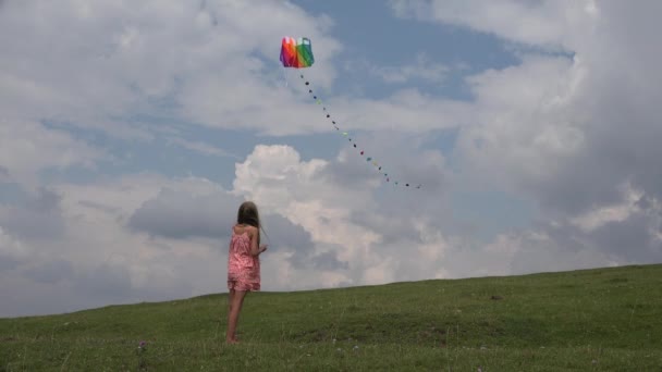 Ребенок Играет Кайт Парке Девочка Веселится Природе Грасс Поле — стоковое видео