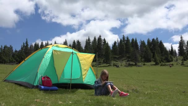 Child Playing Tablet Camping Mountains Girl Using Outdoor Tent — Stock Video