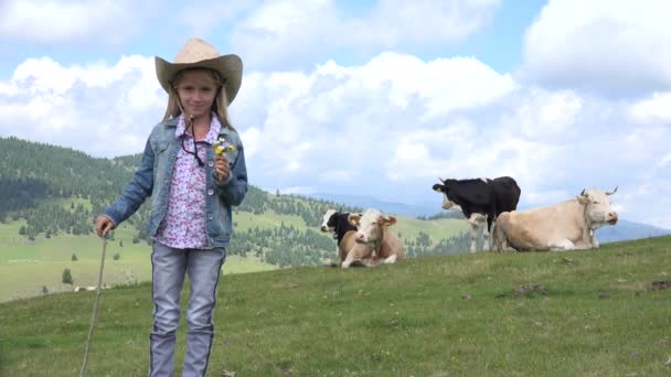 Bonde Shepherd Barn Med Betande Kor Koherde Flicka Med Boskap — Stockvideo