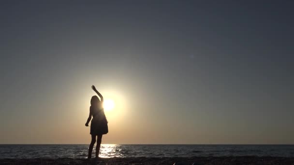 Kind Spelen Kite Strand Kinderen Seashore Meisje Bij Zonsondergang Zomer — Stockvideo