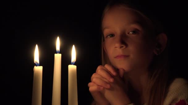 Sad Child Candles Prayer Girl Night Pensive Upset Kid Portrait — Stock Video