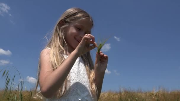 Portret Meisje Tarwe Gebied Gelukkig Kind Gezicht Lachend Buiten Spelen — Stockvideo