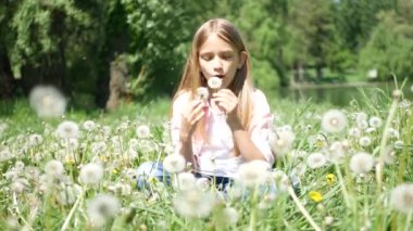Park 'ta Çocuk Oynuyor, Kız Çayırda Karahindiba Çiçeği Esiyor Doğa