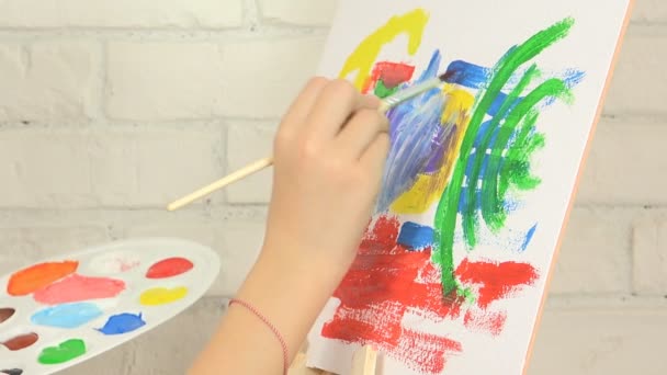 Child Painting Abstract School Girl Workshop Art Craft Classroom Closeup — Stock Video