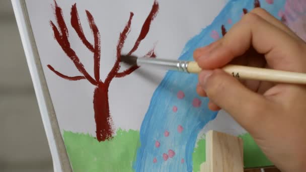 Paisagem Natureza Pintura Criança Menina Escola Oficina Sala Aula Ofício — Vídeo de Stock