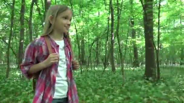 Caminhada Criança Floresta Menina Feliz Kid Outdoor Natureza Wood Camping — Vídeo de Stock