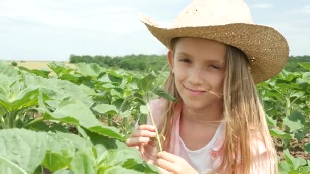 Criança Agricultor Campo Girassol Menina Criança Estudando Jogar Colheita Agrária — Vídeo de Stock