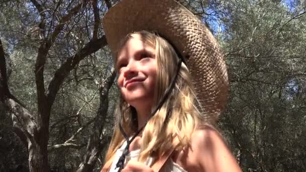 Child Portrait Olive Orchard Farmer Girl Playing Kid Face Outdoor — Stock Video