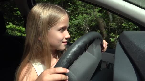 Child Playing in Car Driving Pretend, Kid Adventure in Auto, Girl Enjoying — Stock Video