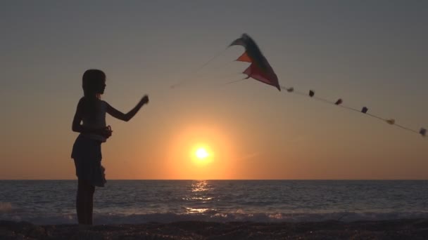 Enfant jouant au cerf-volant volant sur la plage au coucher du soleil, joyeuse petite fille sur la côte — Video