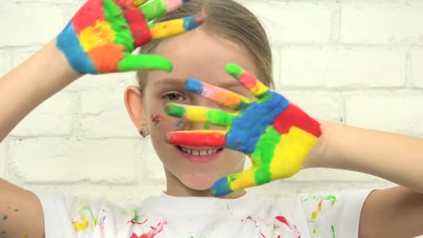 Child Playing Painted Hands Looking in Camera, Smiling School Girl Face, Kids — Stock Video