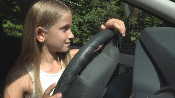 Child Playing Car Driving Pretend Kid Adventure Auto Girl Enjoying — Stock Photo, Image