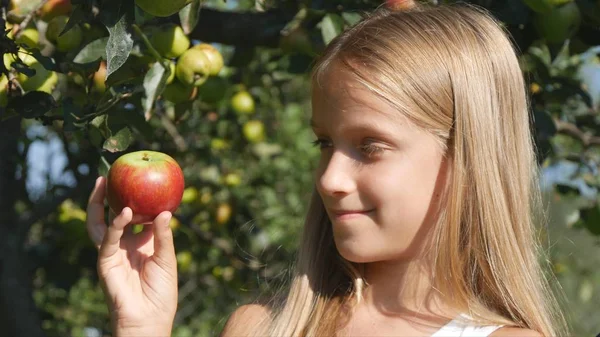 Niño Agricultor Huerto Manzanas Kid Degustación Frutas Niña Árbol Aldea — Foto de Stock